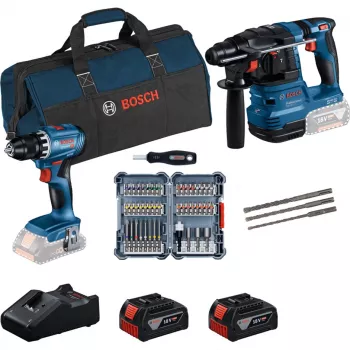 Bosch 18V Professional Set Boormachine GBH 18V-22 + Boorschroefmachine GSR 18V-45 - (blauw/zwart, 2x Li-Ion accu 4,0 Ah, Hamerboor- en bitset, Gereedschapstas) (0615V0003D)