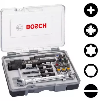Bosch 2607002786 20-delige schroefbitset met magnetische universele houder, 25 mm S2-stalen bits voor Phillips, Pozidriv, plat, Torx, hex