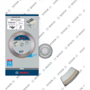 Bosch PRO keramische diamantschijf, 250 mm diameter, 30 mm boring (met 25,4 mm reduceerring), doorlopende rand, nat/droog snijden