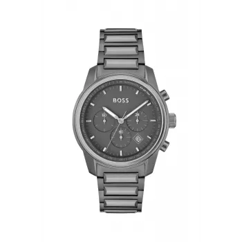BOSS herenhorloge 1514005 44mm roestvrijstalen behuizing blauwe wijzerplaat bruine leren band chronograaf quartz