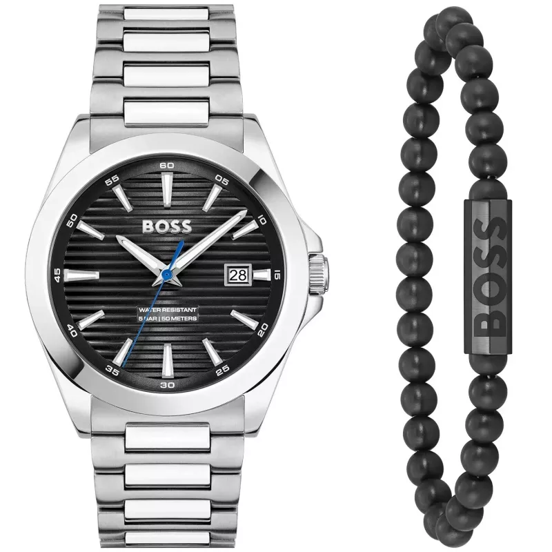 BOSS herenhorloge 1570180 41mm edelstalen behuizing zwarte leren band analoog quartz