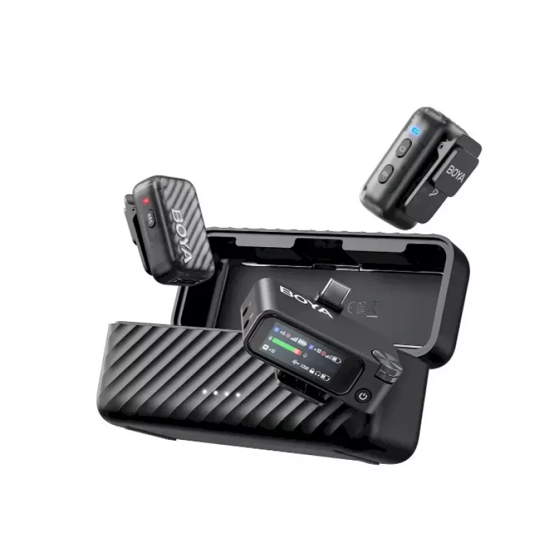 BOYA BOYAMIC 2-02 draadloos microfoonsysteem 2,4GHz, AI-ondersteunde ruisonderdrukking, 2 ontvangers + 1 zender (USB-C) zwart