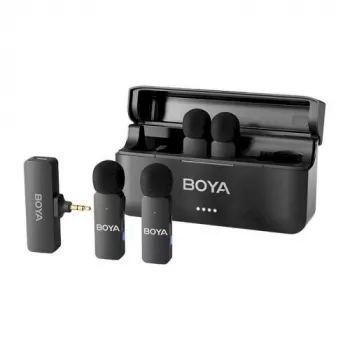 BOYA BY-V4 draadloos microfoonsysteem 2,4GHz met 4 zenders en 1 ontvanger (3,5mm connector) zwart