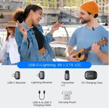 BOYA Mini 2-01 draadloos microfoonsysteem 2,4 GHz met 2 zenders en 2 ontvangers (USB-C en Lightning) zwart