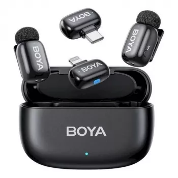 BOYA Mini 2-01 draadloos microfoonsysteem 2,4 GHz met 2 zenders en 2 ontvangers (USB-C en Lightning) zwart
