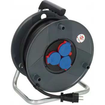Brennenstuhl 30m IP44 kabelhaspel H07RN-F 3G2.5 met 3 stopcontacten type E, thermische beveiliging, blauwe kabel, zwarte haspel