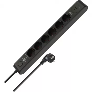 BRENNENSTUHL 6-voudig stopcontactblok met 1x USB-C, 1x USB-A, overspanningsbeveiliging 13.500 A, 2 m kabel, zwart/antraciet