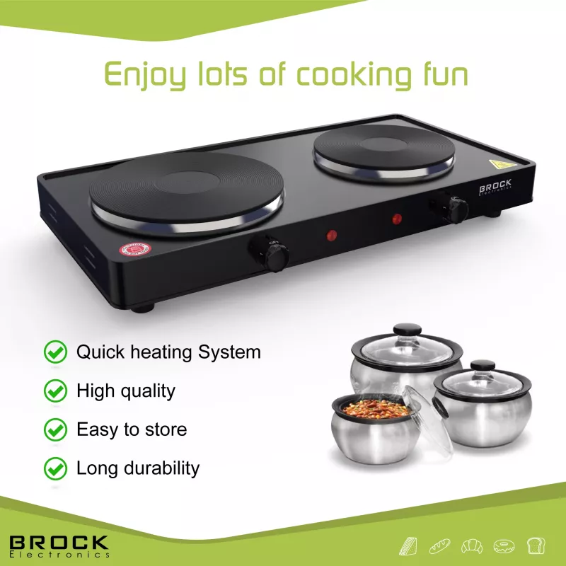 Brock EP 200 BK Elektrische kookplaat met twee pitten, 2500 W, zwart