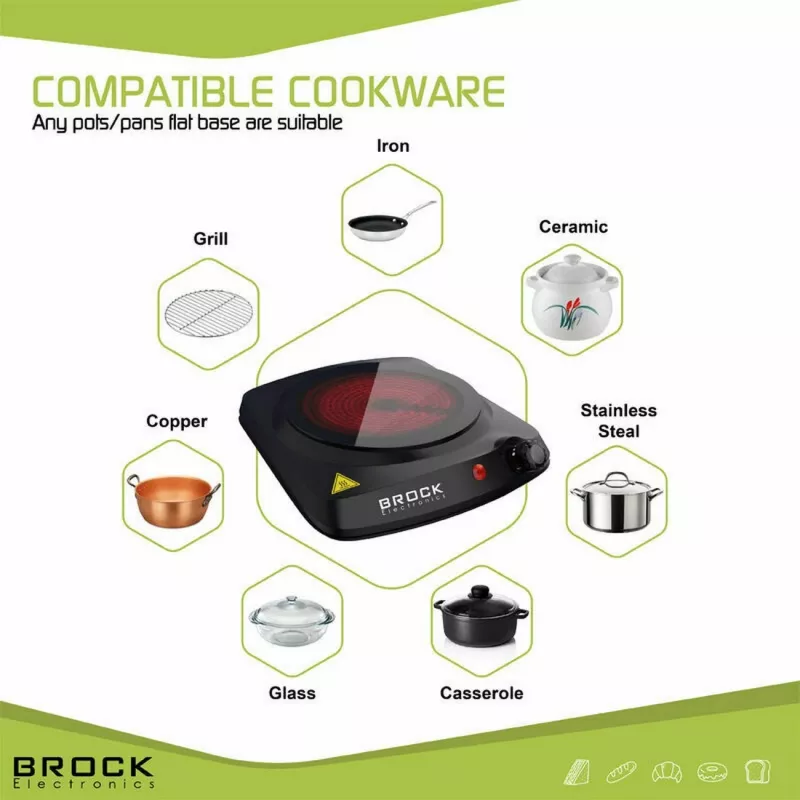 Brock HPI 3001 BK enkelvoudige kookplaat 1200W, 17,7 cm, zwart