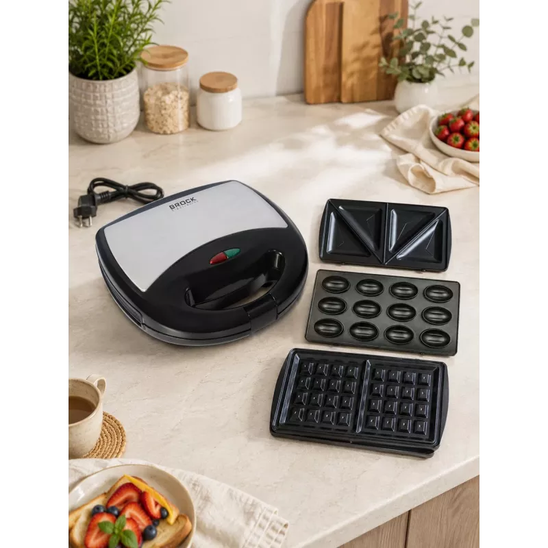 Brock SSM 2004 SS 3-in-1 sandwich-, wafel- & notengebakmaker, 750W, zwart/roestvrij staal