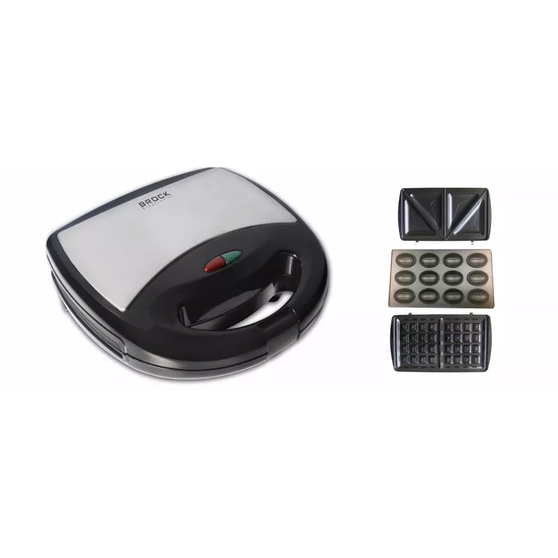 Brock SSM 2004 SS 3-in-1 sandwich-, wafel- & notengebakmaker, 750W, zwart/roestvrij staal
