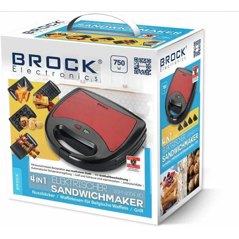 Brock SSM 6004 RD 4-in-1 sandwich-/noten-/wafelijzer en grill 750 W, rood
