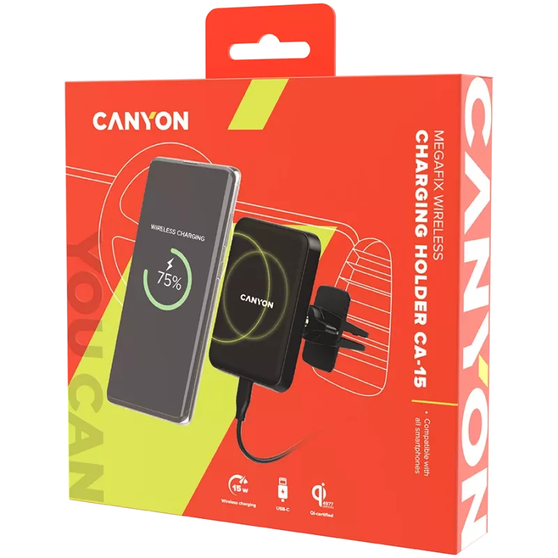 CANYON CH-15 autohouder en draadloze oplader MegaFix, 15W, USB-C, zwart