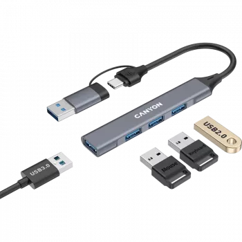 CANYON DS-02 4-in-1 USB-A/C Hub, Grijs