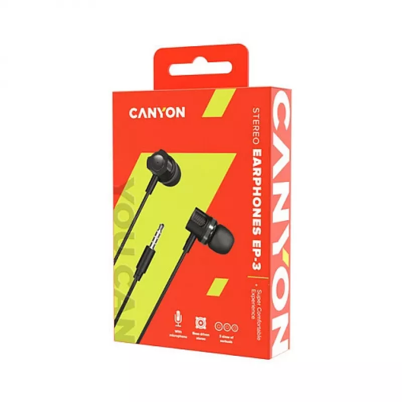 CANYON EP-3 in-ear headset met microfoon, 1,2 m platte kabel, donkergrijs