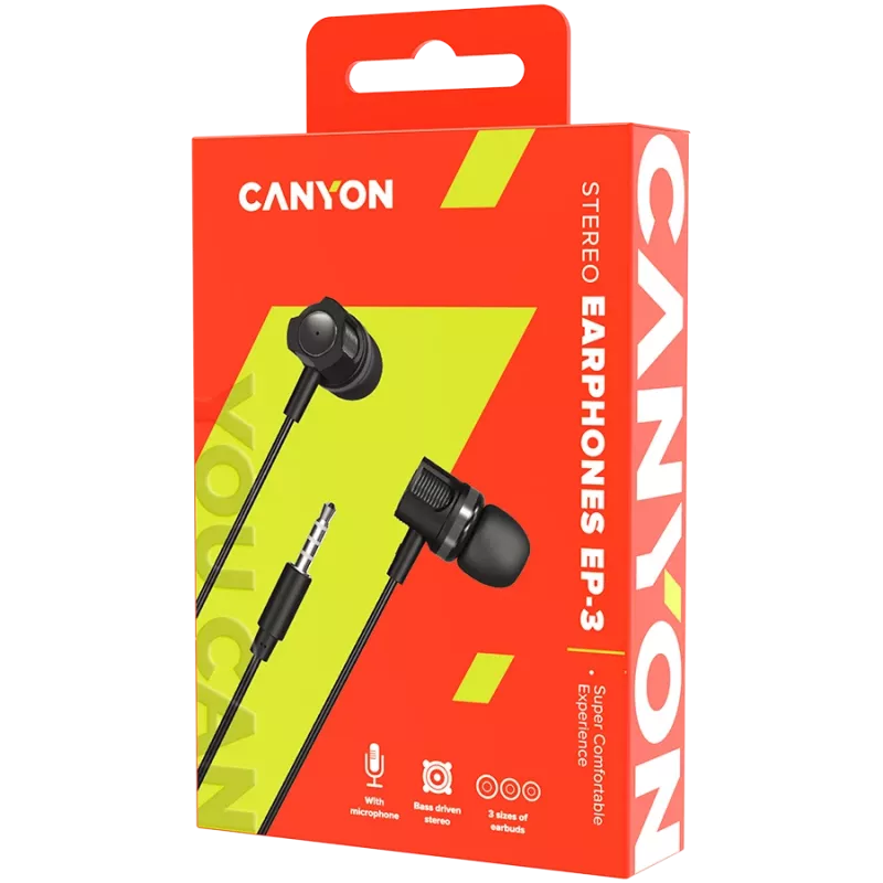 CANYON EP-3 in-ear headset met microfoon, 1,2 m platte kabel, donkergrijs