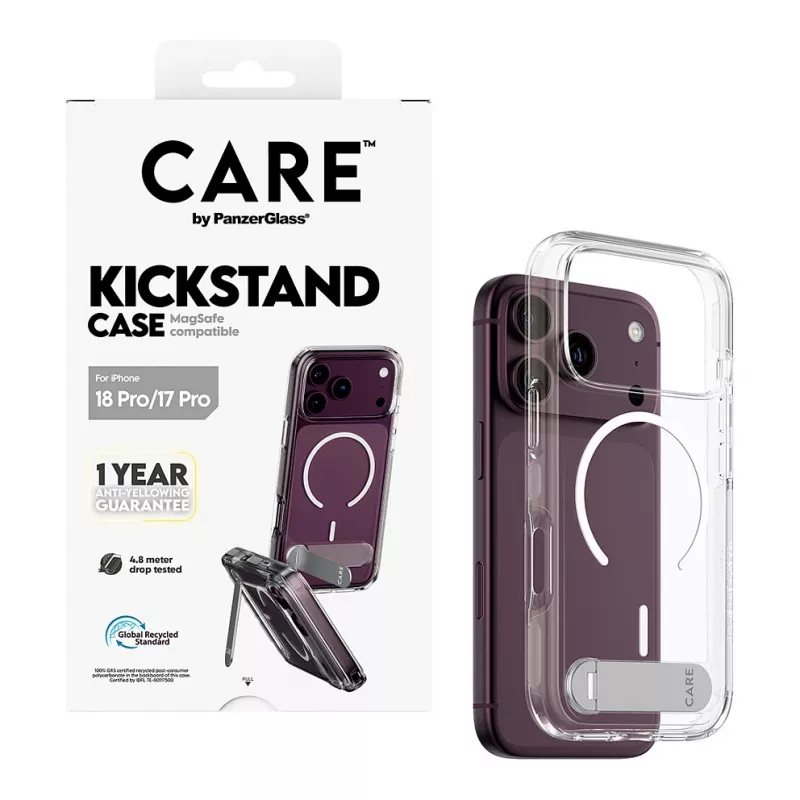 CARE by PanzerGlass Kickstand hoes transparant met witte MagSafe voor iPhone 17 Pro