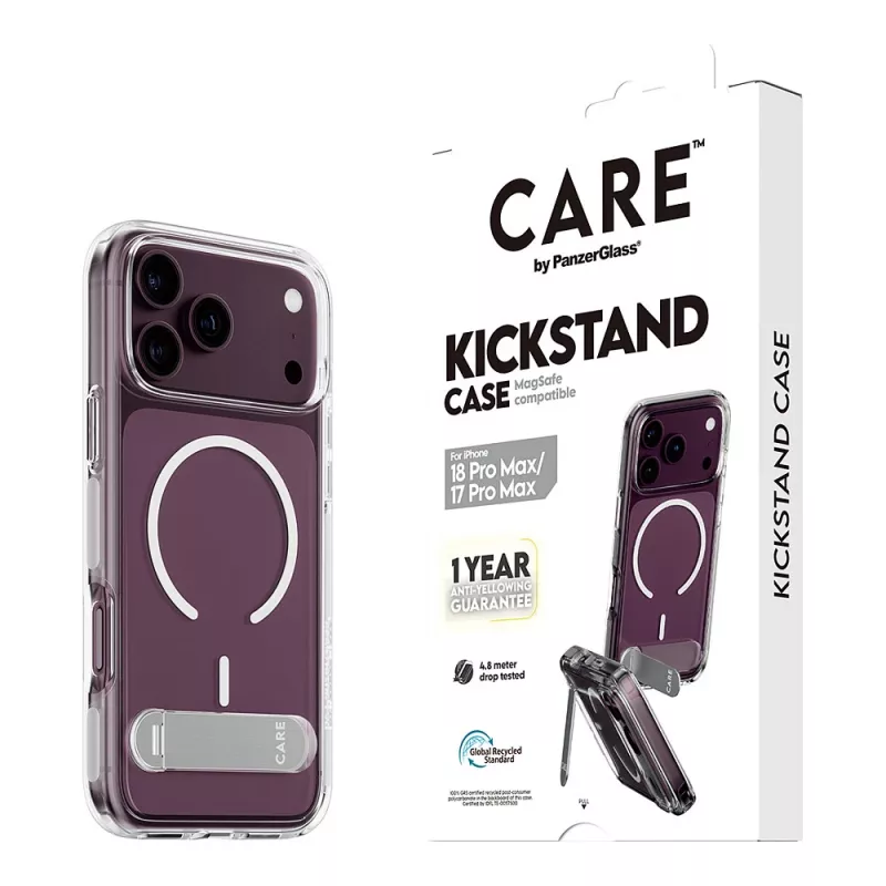 CARE by PanzerGlass Kickstand hoes transparant met witte MagSafe voor iPhone 17 Pro Max