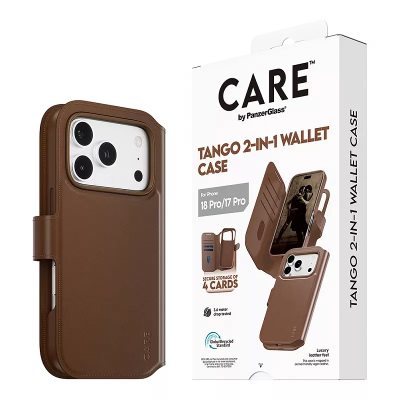 CARE by PanzerGlass Tango 2-in-1 wallet case bruin met MagSafe voor iPhone 17 Pro