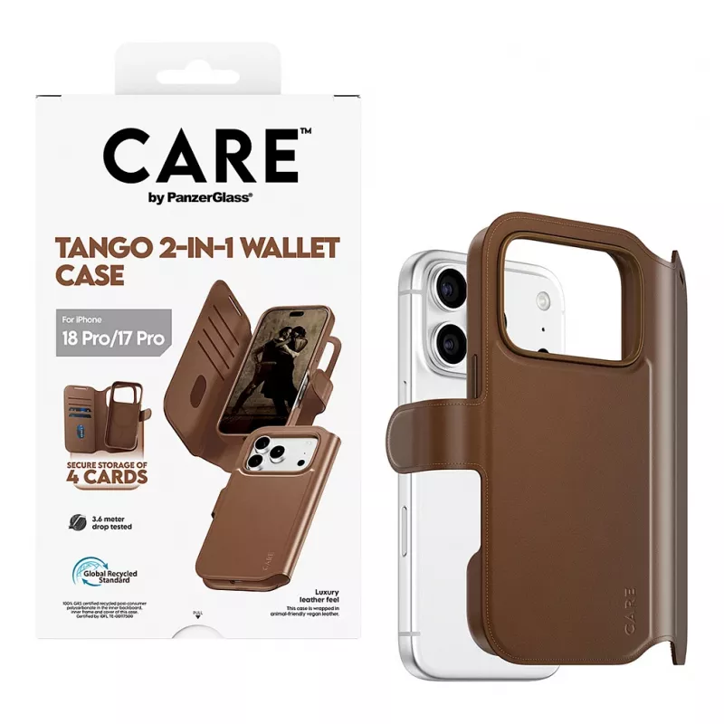 CARE by PanzerGlass Tango 2-in-1 wallet case bruin met MagSafe voor iPhone 17 Pro