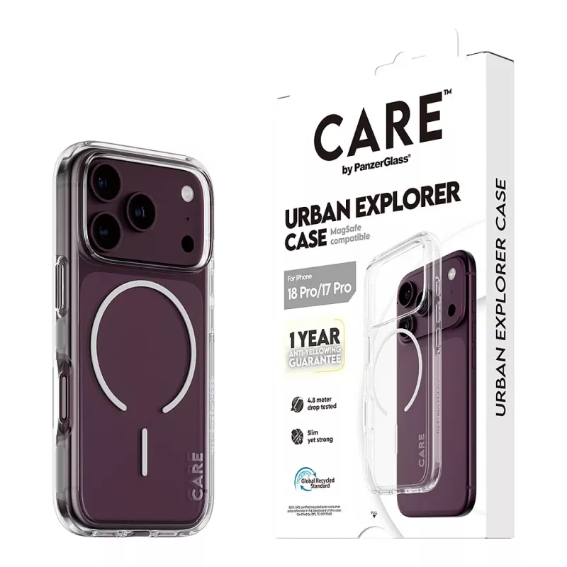 CARE by PanzerGlass Urban Explorer hoes transparant met witte MagSafe ring voor iPhone 17 Pro