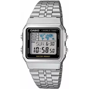 Casio A500WA-1DF Classic digitaal quartz polshorloge – zilveren RVS band, LED-achtergrondverlichting, wereldtijd