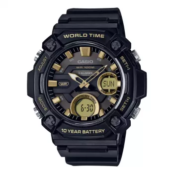 CASIO AEQ-120W-9A heren analoog-digitaal horloge, 53,3 mm, zwarte resin kast, zwarte resin band, gouden accenten