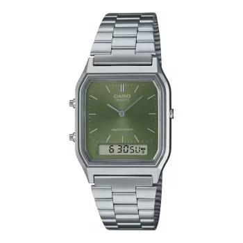 CASIO AQ-230A-3A unisex analoog-digitaal horloge, 38,8 mm, groene wijzerplaat, zilverkleurige RVS band