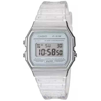 Casio F-91WS-7DF digitaal horloge – transparant wit resin behuizing, unisex, quartz, LED-achtergrondverlichting, waterdicht tot 3 ATM
