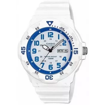 CASIO MRW200HC7B2VD heren analoog quartz horloge met datum- en weekdagaanduiding, 100m waterdicht, resin band, witte wijzerplaat, blauw/rode lunette