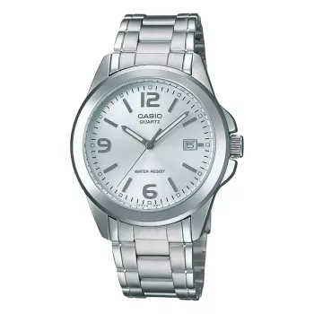 Casio MTP-1215A-7A heren analoog quartz horloge met edelstaal band, zilveren wijzerplaat, 38,4 mm behuizing, datum- en weekdagweergave, 50 m waterdichtheid