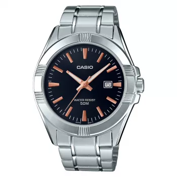 CASIO MTP-1308D-1A2 heren analoog quartz horloge, 48,9 mm, zwarte wijzerplaat, zilverkleurige roestvrijstalen band