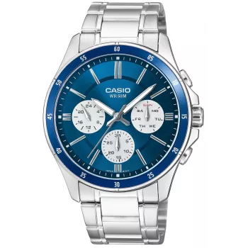 Casio MTP-1374D-2A3 heren analoog quartz horloge met roestvrijstalen band, blauwe wijzerplaat, datumweergave, 50m waterdichtheid