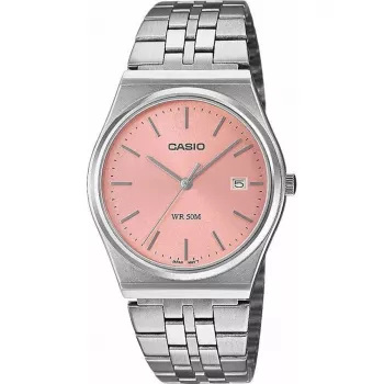 Casio MTP-B145D-4AVEF heren analoog quartz horloge met roestvrijstalen band, zalmkleurige wijzerplaat, zilveren kast, 50m waterdichtheid