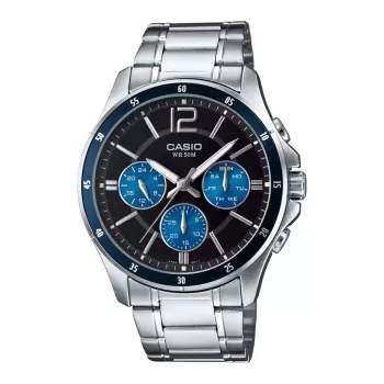 CASIO MTP1374D2AVDF heren analoog quartz horloge 43,5 mm edelstaal blauwe wijzerplaat