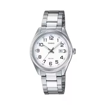 CASIO dames LTP1302PD7BVE analoog quartz horloge, 34,5mm RVS behuizing, zilverkleurige wijzerplaat, datumweergave