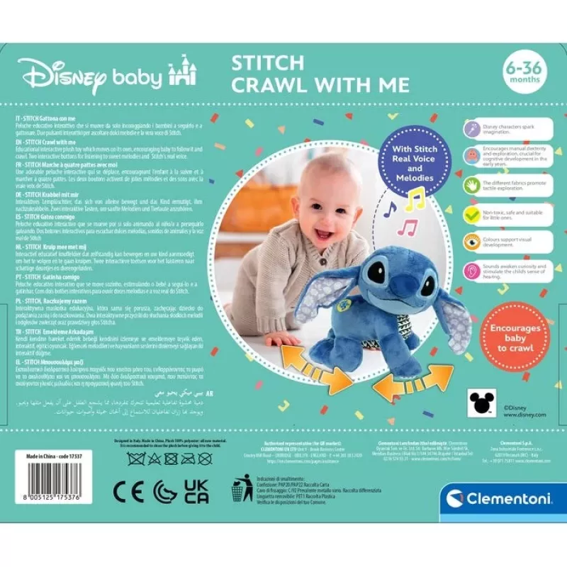 Clementoni Disney Baby Stitch We Crawl Together knuffel, blauw, 25 cm, vanaf de geboorte