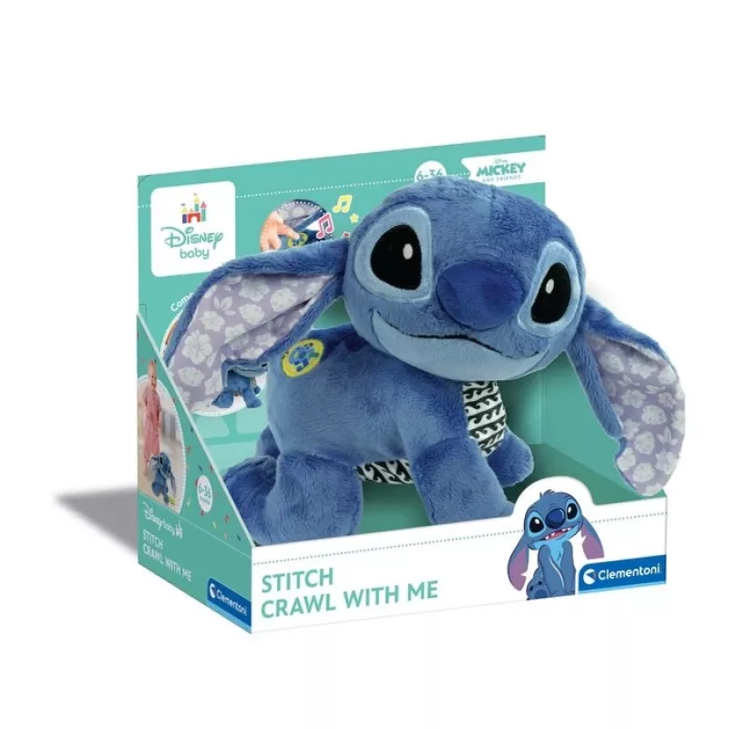 Clementoni Disney Baby Stitch We Crawl Together knuffel, blauw, 25 cm, vanaf de geboorte