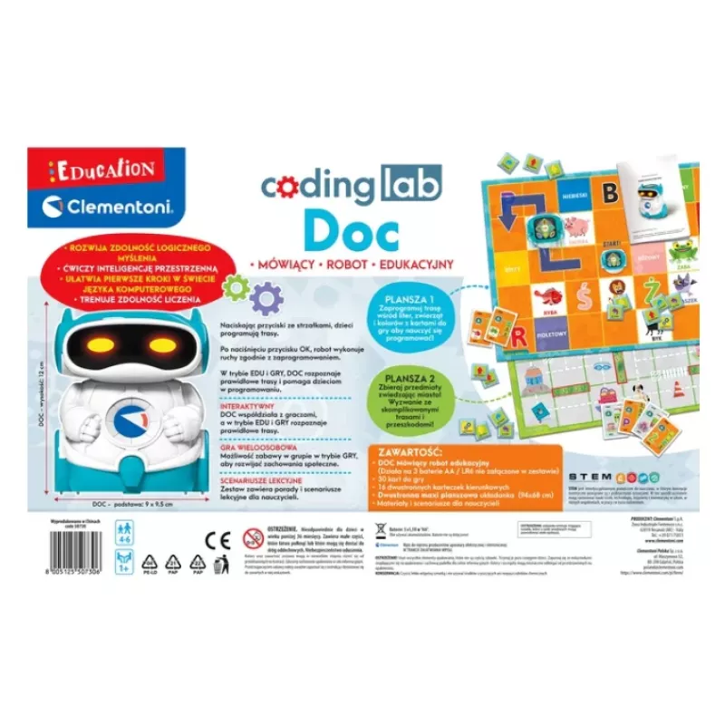 Clementoni DOC leerrobot voor kinderen, Poolse taal, vanaf 5 jaar, STEM-programmeerspeelgoed