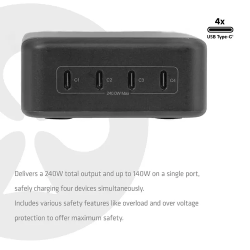 CLUB 3D CAC-1933 4-poorts USB-C oplaadstation, 240W GaN PD 3.1, PPS, LED-display