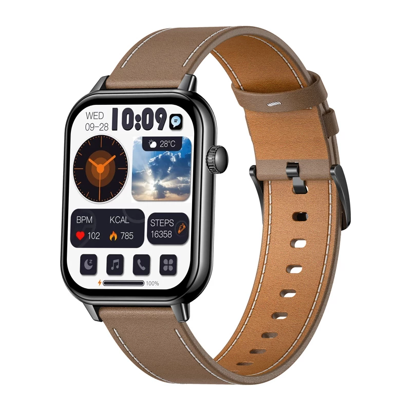 COLMI C28 smartwatch – zwart + bruine leren band