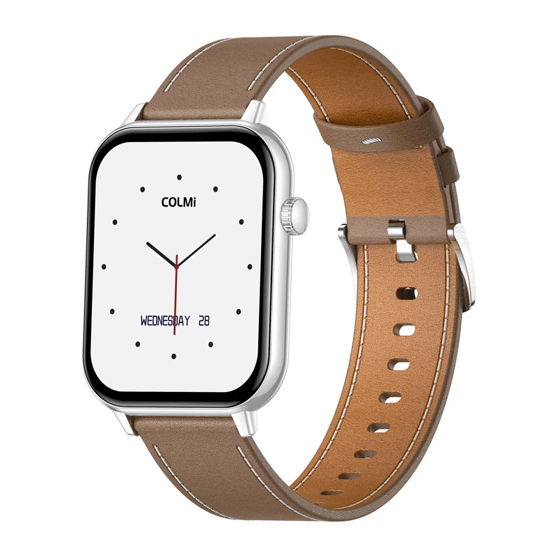 COLMI C28 smartwatch – zilver + bruine leren band