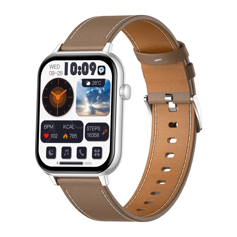 COLMI C28 smartwatch – zilver + bruine leren band