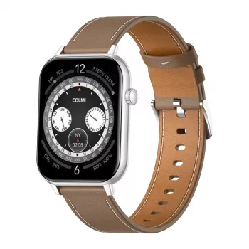COLMI C28 smartwatch – zilver + bruine leren band