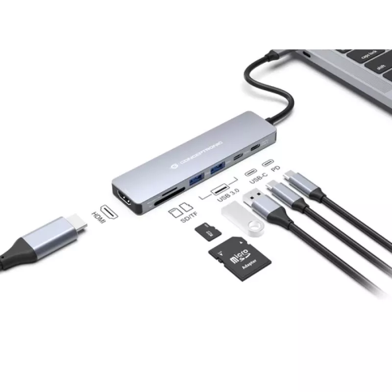 CONCEPTRONIC 573812 7-in-1 USB-C-dockingstation, HDMI, USB-C, 2x USB-A, 25 cm kabel, grijs