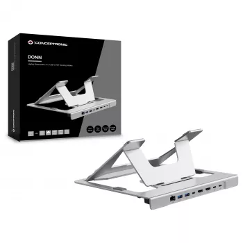 Conceptronic DONN35S laptopstandaard met 7-in-1 USB-C dockingstation, dual-HDMI 4K60Hz, GbE, USB-C 5Gbps, 2x USB-A, 100W PD, zilver