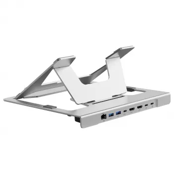 Conceptronic DONN35S laptopstandaard met 7-in-1 USB-C dockingstation, dual-HDMI 4K60Hz, GbE, USB-C 5Gbps, 2x USB-A, 100W PD, zilver