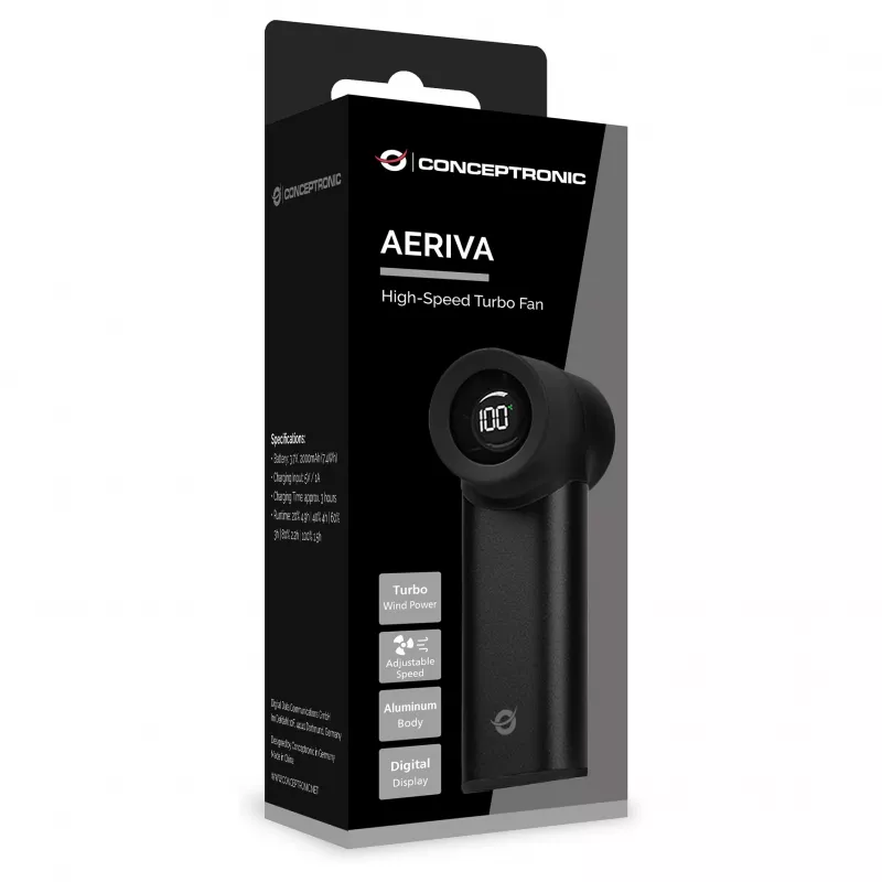 Conceptronic Turbo Handventilator, USB-C naar USB-A, aluminium, 5V, zwart