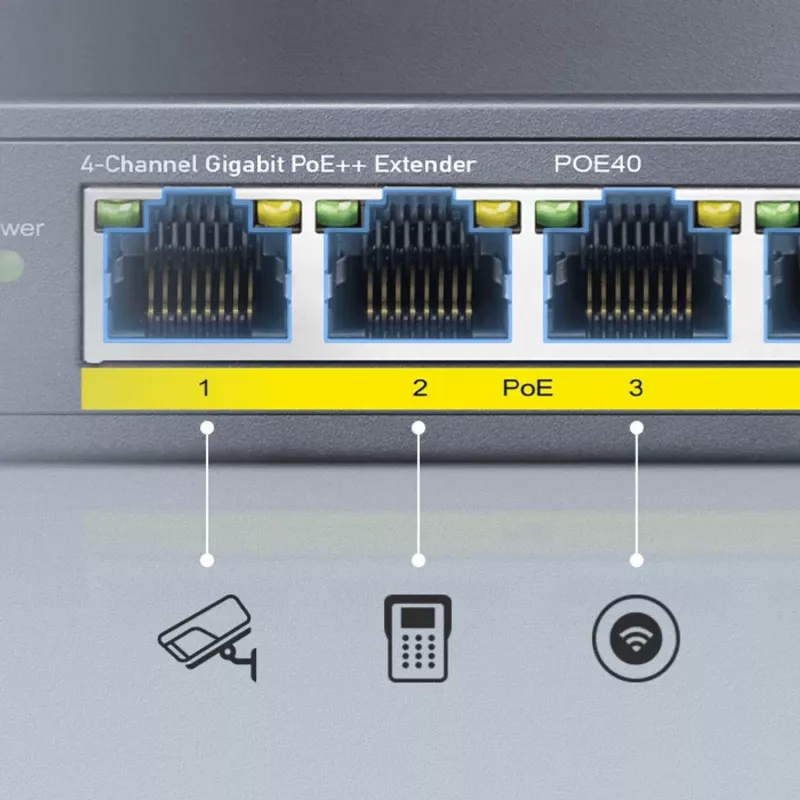 CUDY POE40 4-poorts PoE switch/extender met 1 uplink, 802.3af/at, 250m extend, metalen behuizing