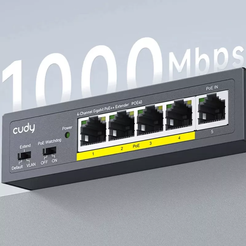 CUDY POE40 4-poorts PoE switch/extender met 1 uplink, 802.3af/at, 250m extend, metalen behuizing